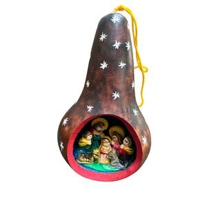 Vintage Diorama Carved painted Gourd Christmas Nativity Folk Art Ornament Mexico